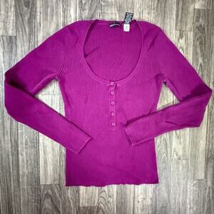 Moda International Purple Ribbed Henley Top Scoop Neck Long Sleeve Cotton